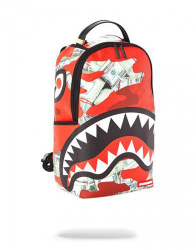 Red Sprayground Money Camo Backpacks | 57382-QRAB