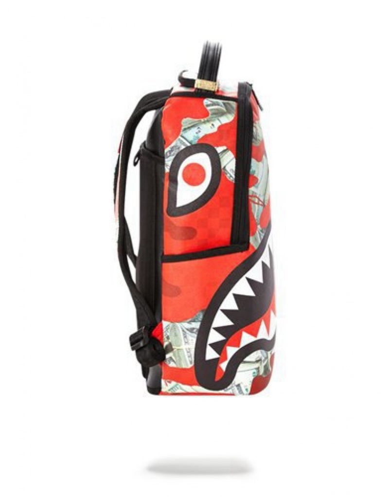 Red Sprayground Money Camo Backpacks | 57382-QRAB