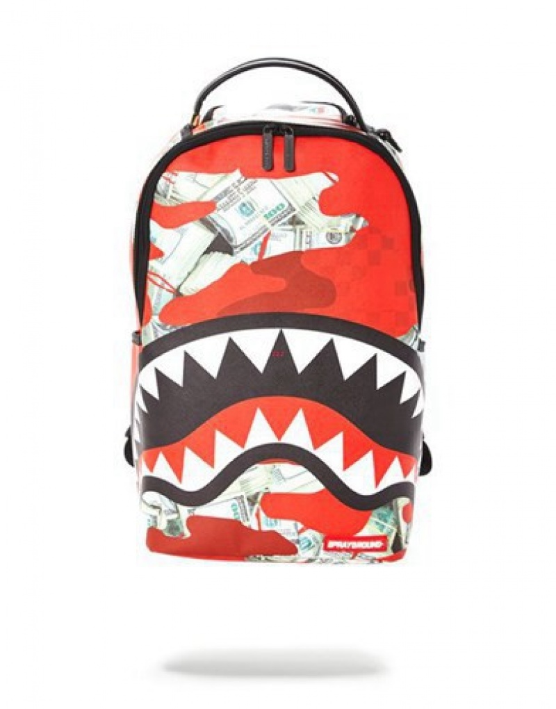 Red Sprayground Money Camo Backpacks | 57382-QRAB