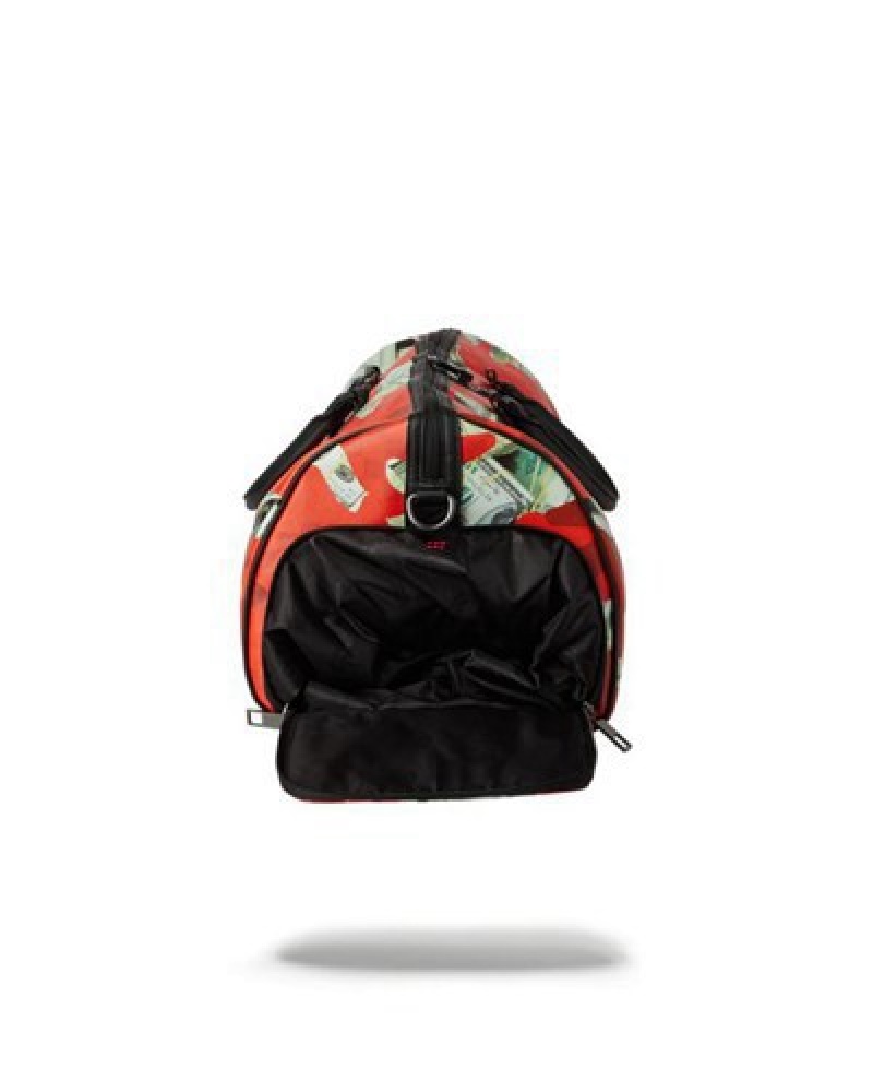 Red Sprayground Money Camo Duffle Bags | 72581-HLYN