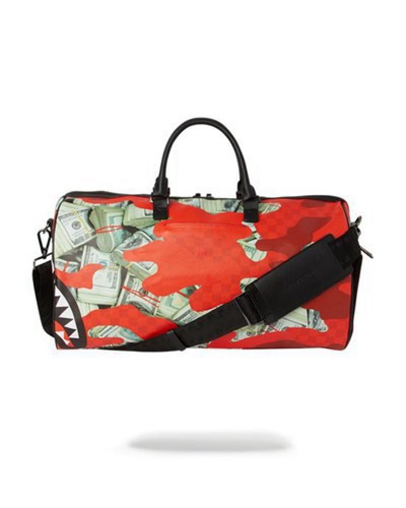 Red Sprayground Money Camo Duffle Bags | 72581-HLYN