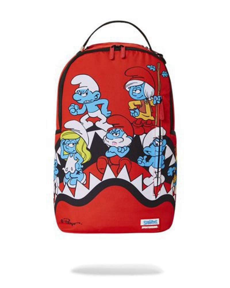 Red Sprayground Smurfs Shark Bounce Backpacks | 39208-QBSV