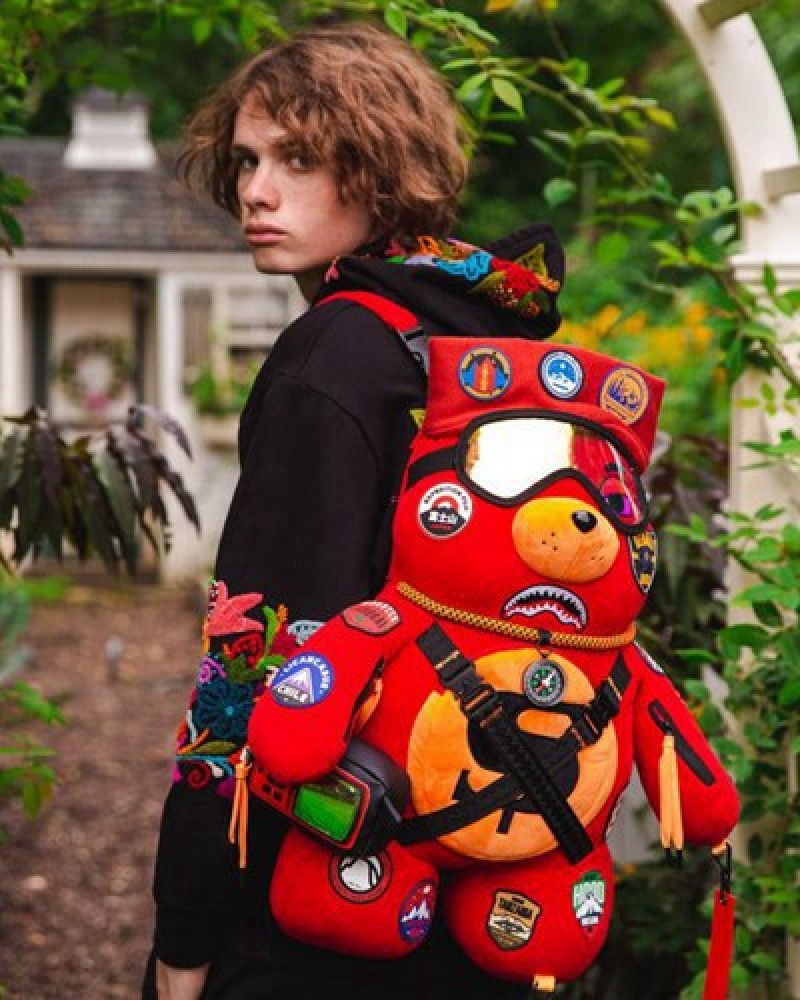 Red Sprayground The Global Expedition Moneybear Teddybear Backpacks | 80352-DQTZ