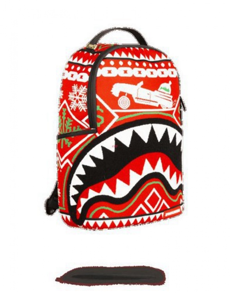 Red Sprayground Ugly Sweater Shark Backpacks | 38062-DXUY