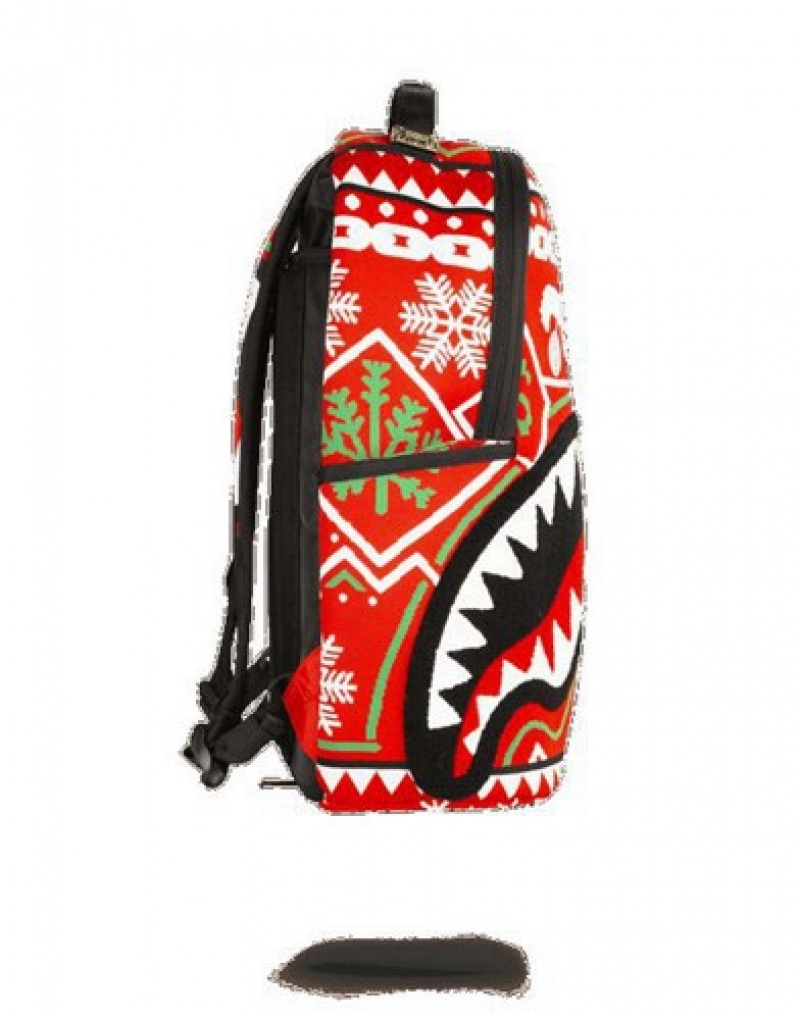 Red Sprayground Ugly Sweater Shark Backpacks | 38062-DXUY