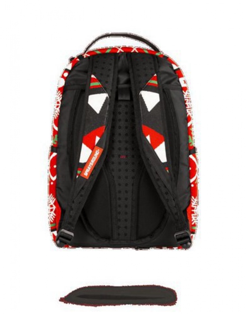 Red Sprayground Ugly Sweater Shark Backpacks | 38062-DXUY