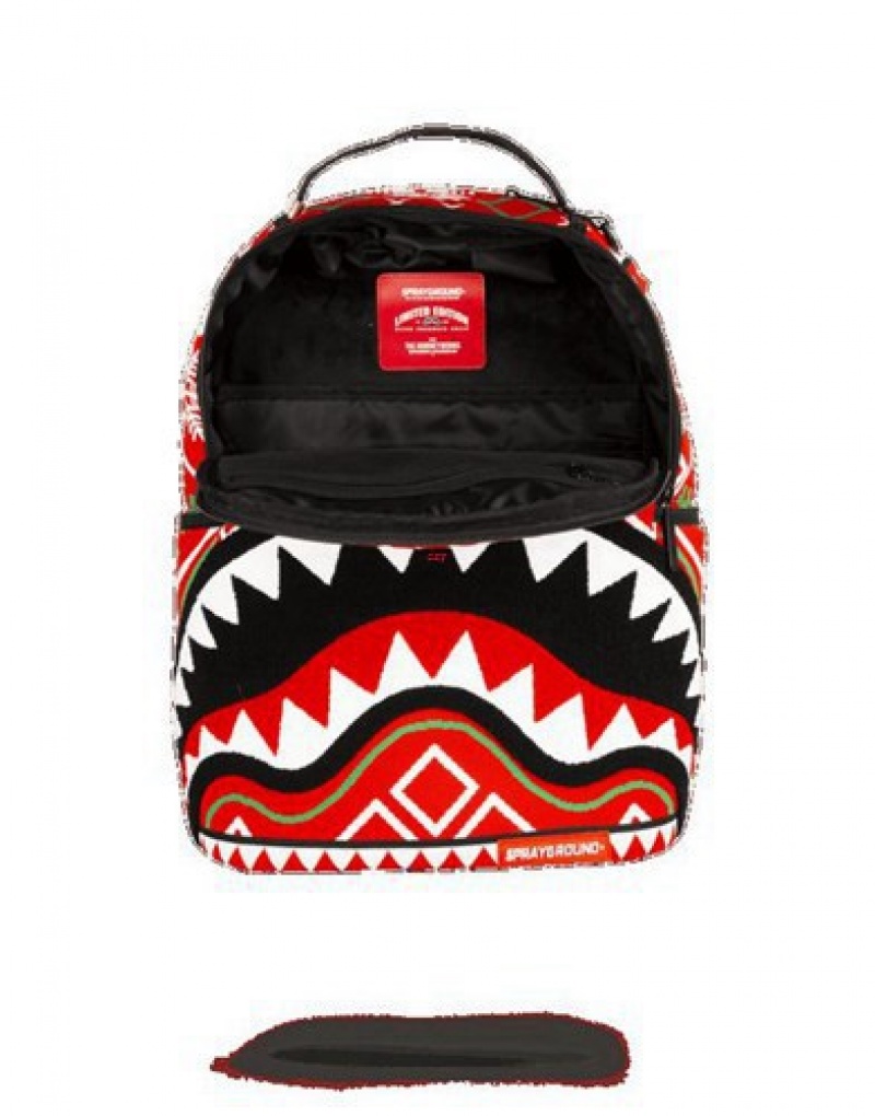 Red Sprayground Ugly Sweater Shark Backpacks | 38062-DXUY