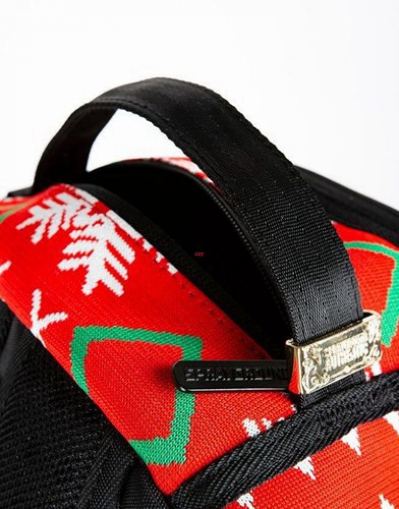 Red Sprayground Ugly Sweater Shark Backpacks | 38062-DXUY