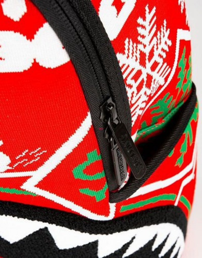 Red Sprayground Ugly Sweater Shark Backpacks | 38062-DXUY