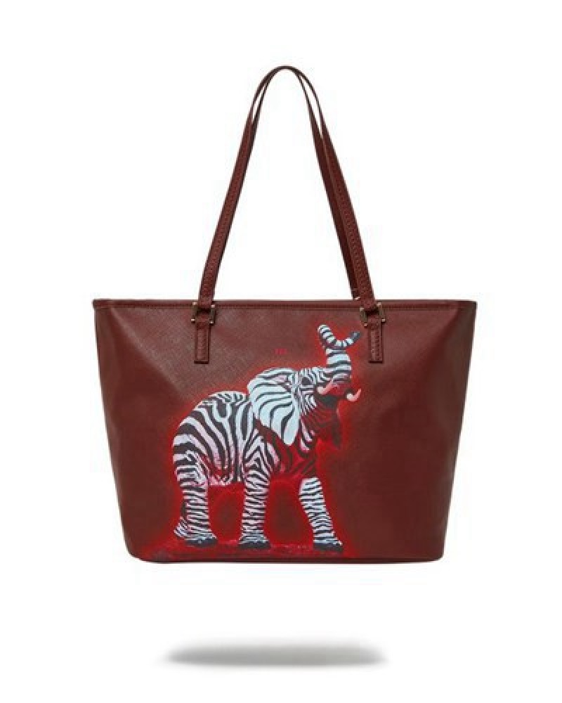 Red / White Sprayground Zebra Elephant Ron English Collab Tote Bags | 18904-BMHK