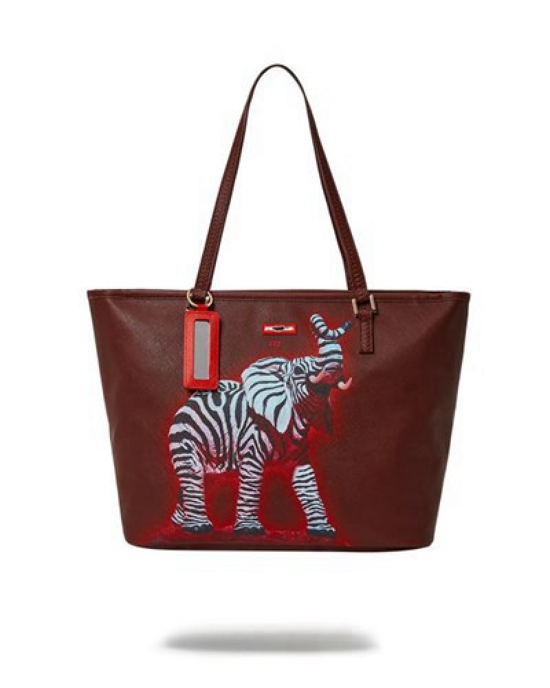 Red / White Sprayground Zebra Elephant Ron English Collab Tote Bags | 18904-BMHK