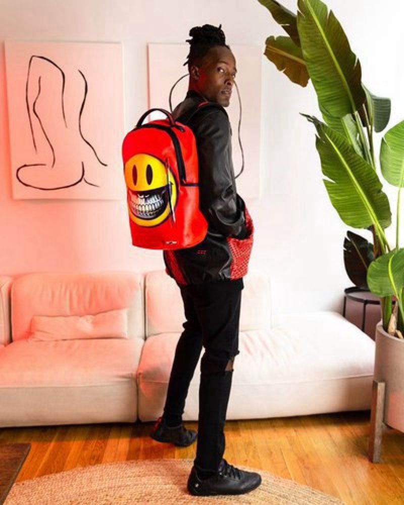 Red / Yellow Sprayground Smile Big Grin Ron English Collab Backpacks | 40765-LEDG