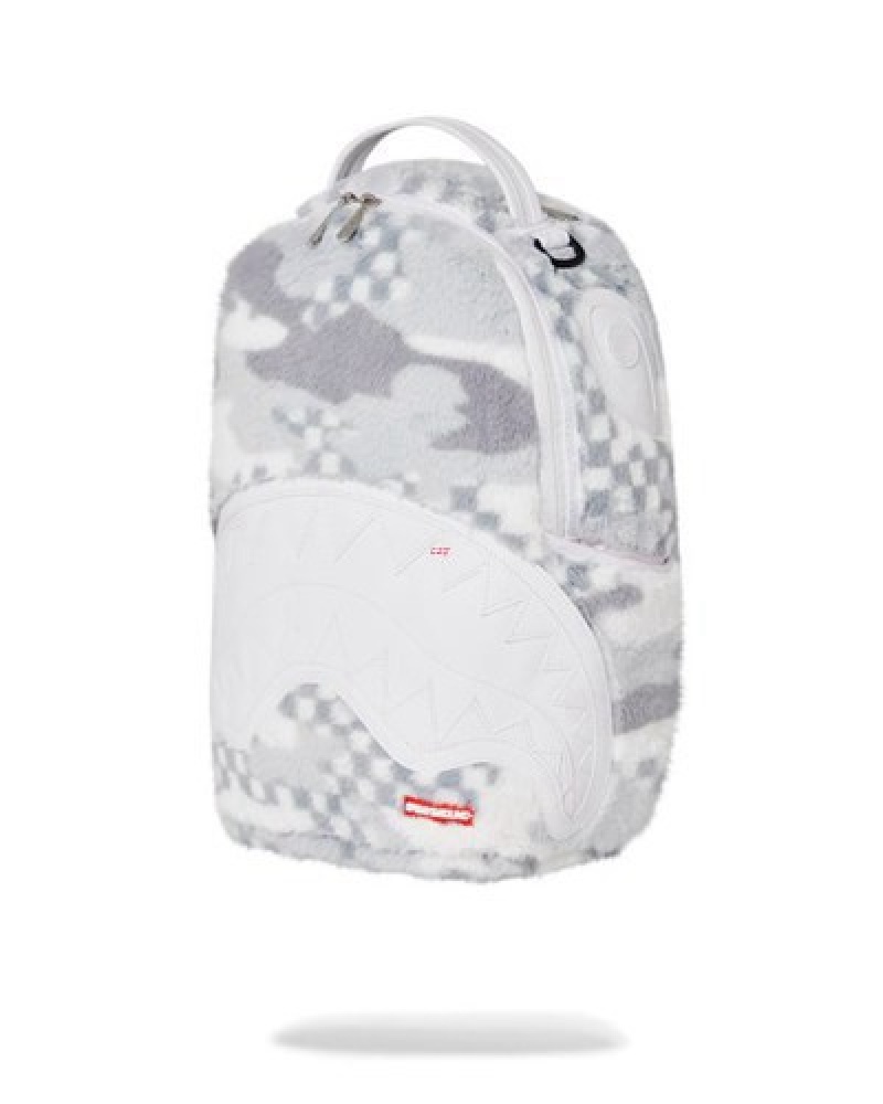 White Sprayground 3am Plush Swiss Alps Backpacks | 26438-QODP