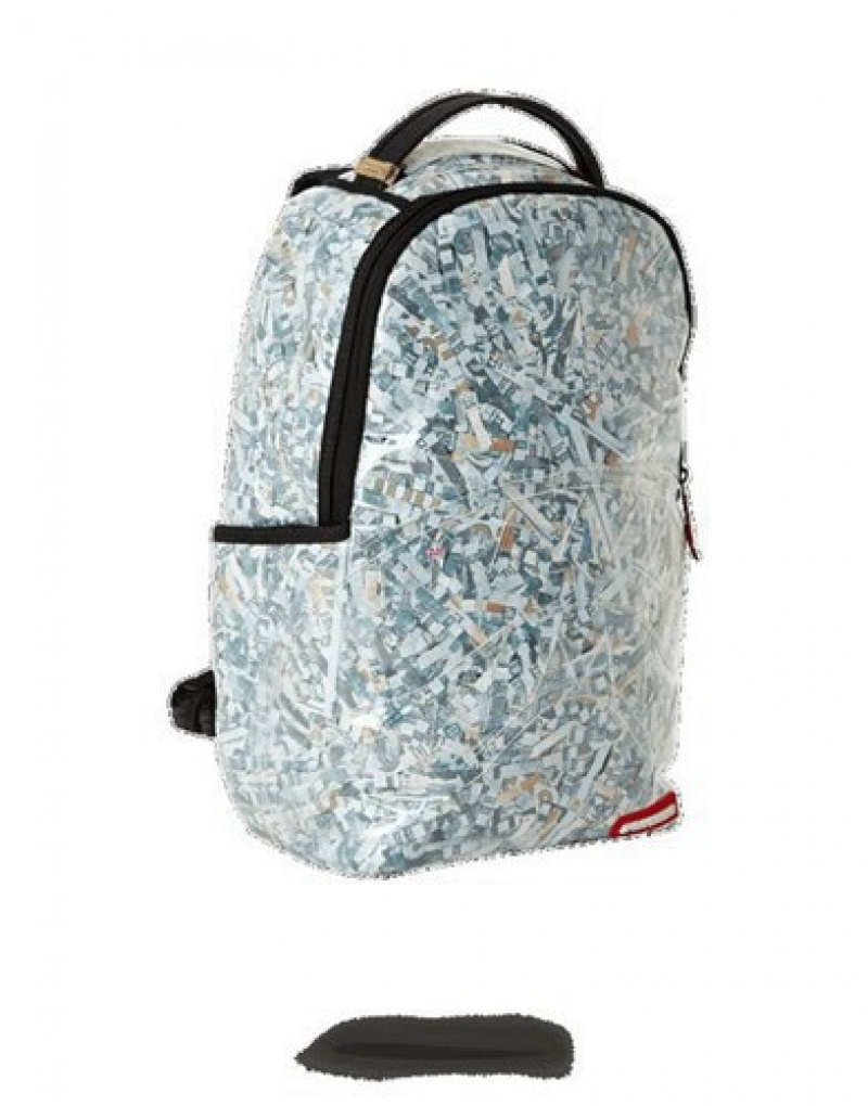 White Sprayground Counterfeit (Vinyl Shredded Money) Backpacks | 74089-TLSU