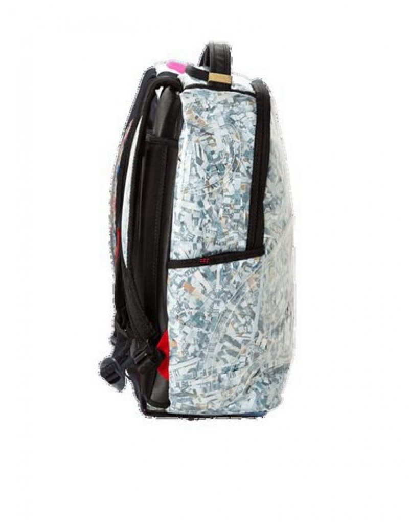 White Sprayground Counterfeit (Vinyl Shredded Money) Backpacks | 74089-TLSU