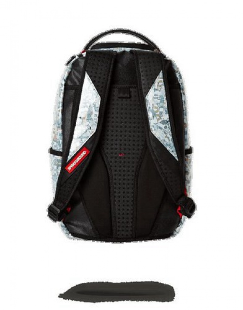 White Sprayground Counterfeit (Vinyl Shredded Money) Backpacks | 74089-TLSU