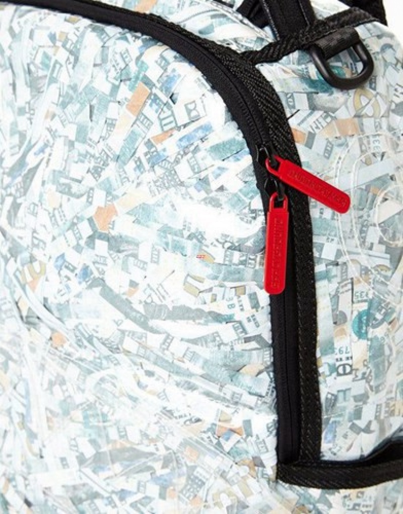 White Sprayground Counterfeit (Vinyl Shredded Money) Backpacks | 74089-TLSU