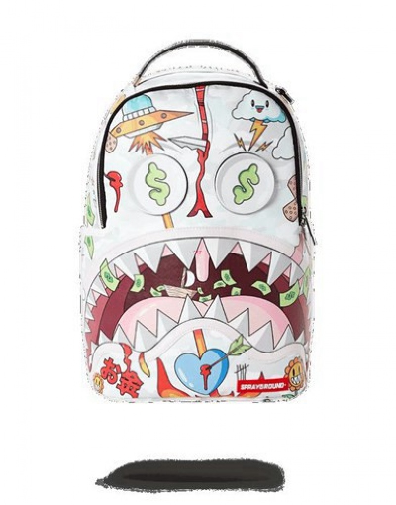 White Sprayground Disturbed Shark Backpacks | 20634-UFHZ