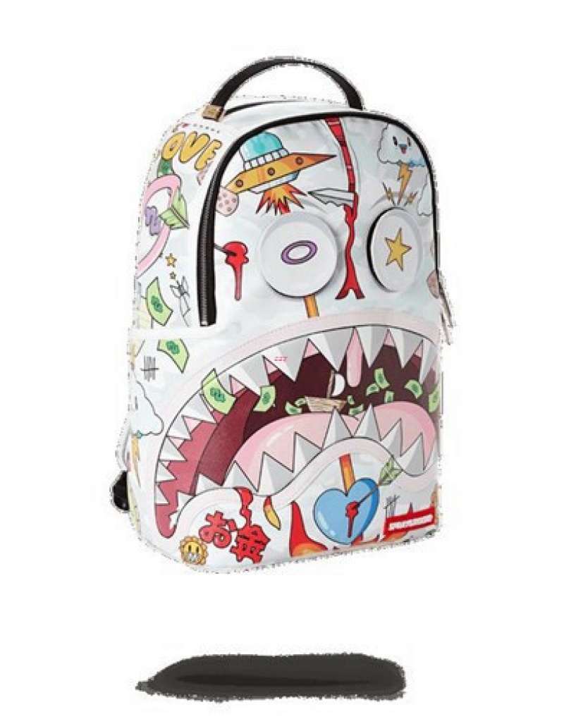 White Sprayground Disturbed Shark Backpacks | 20634-UFHZ