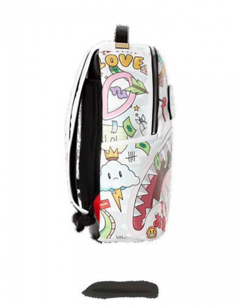 White Sprayground Disturbed Shark Backpacks | 20634-UFHZ