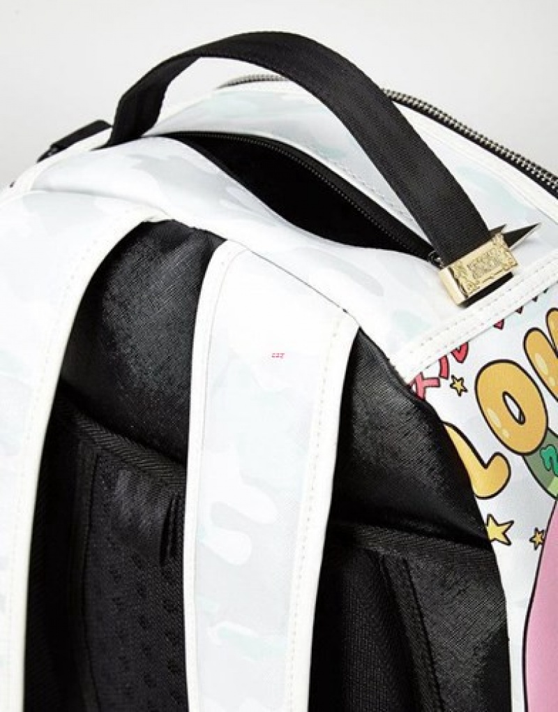 White Sprayground Disturbed Shark Backpacks | 20634-UFHZ