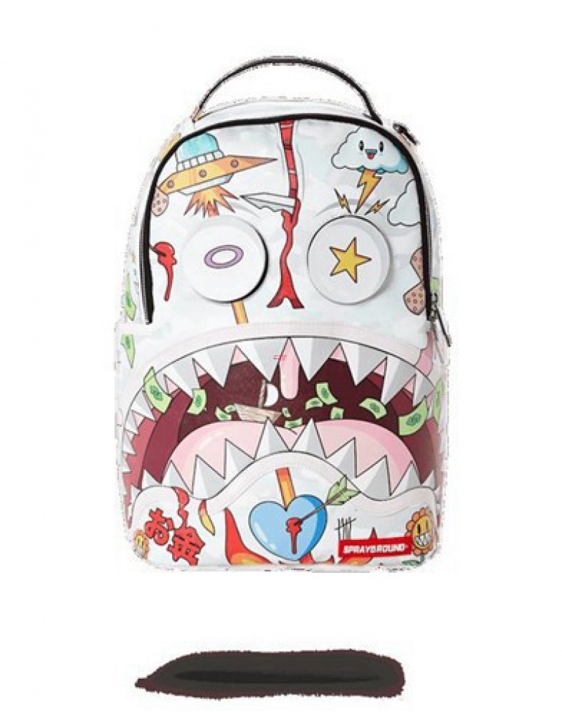 White Sprayground Disturbed Shark Backpacks | 20634-UFHZ