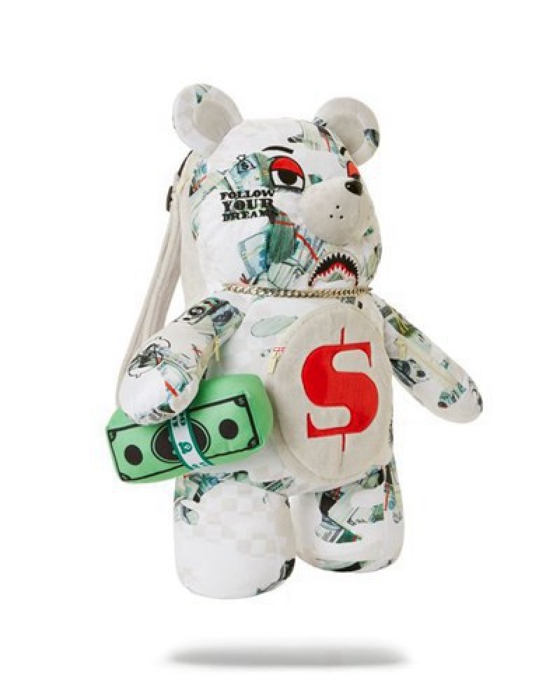 White Sprayground Ferociou Moneybear Teddybear Backpacks | 46853-HIAV