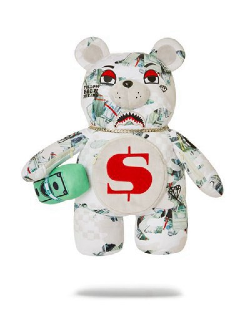 White Sprayground Ferociou Moneybear Teddybear Backpacks | 46853-HIAV