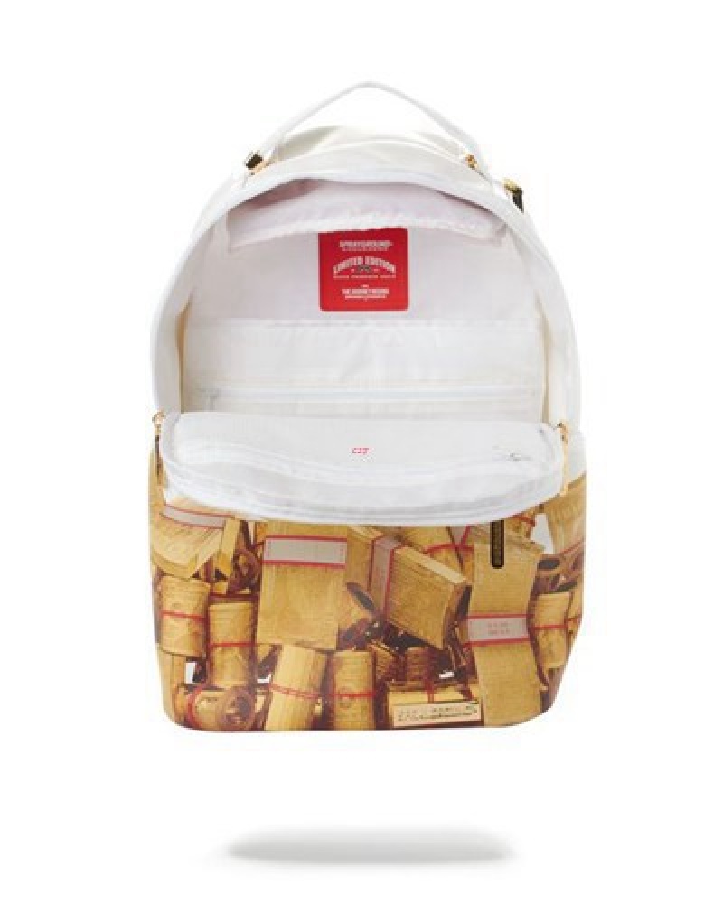 White Sprayground Gold Money Bricks Dlxv Backpacks | 19635-ZIKU