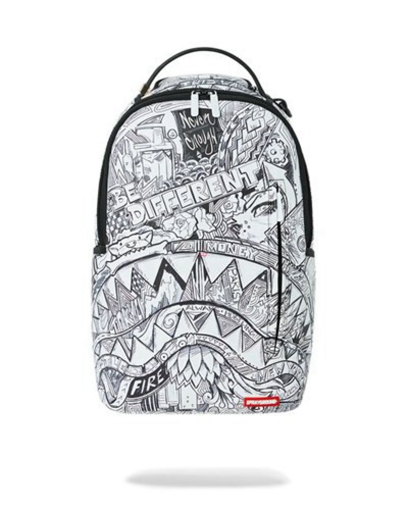 White Sprayground Mad Doodles (Dlxv) Backpacks | 49518-WCAU