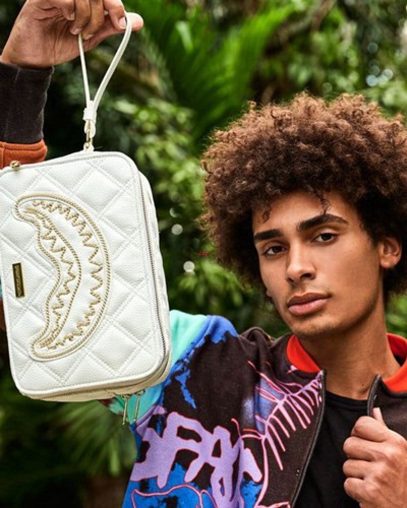 White Sprayground Riviera Le Blanc Gold Chain Shark Bags | 29371-FWPE