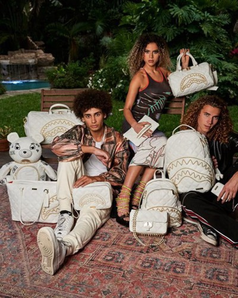 White Sprayground Riviera Le Blanc Gold Chain Shark Bags | 29371-FWPE