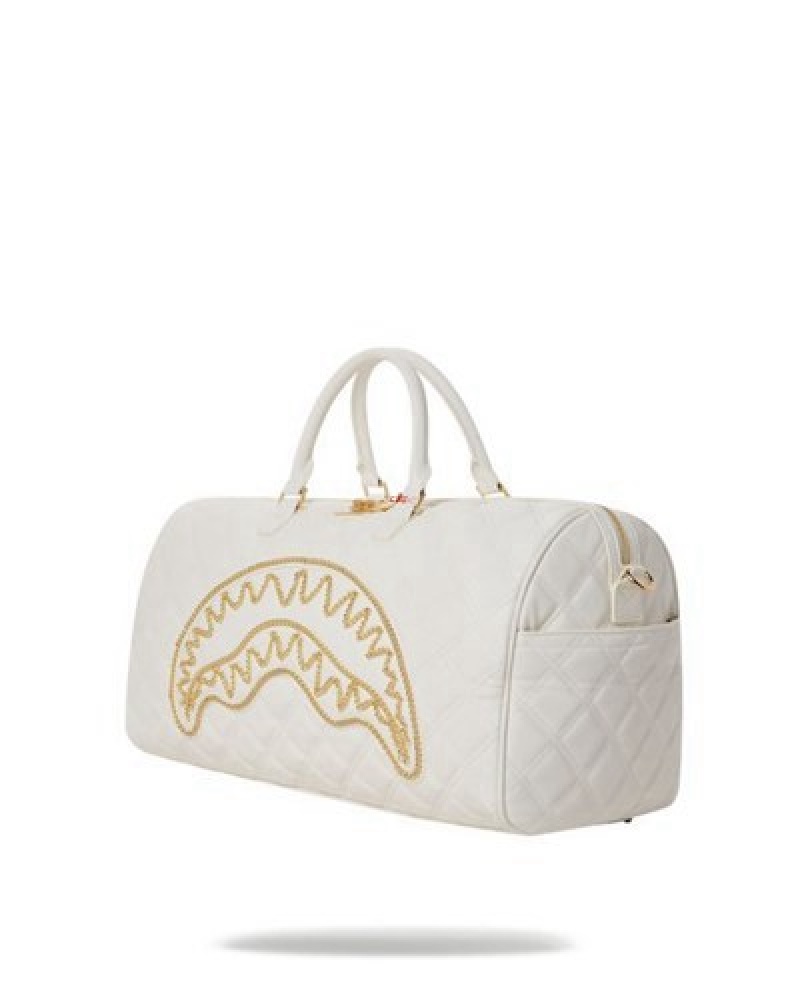 White Sprayground Riviera Le Blanc Gold Chain Shark Duffle Bags | 21490-UTHM