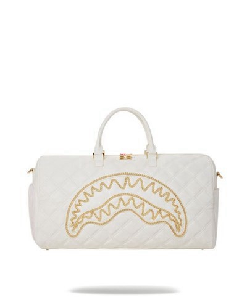 White Sprayground Riviera Le Blanc Gold Chain Shark Duffle Bags | 21490-UTHM