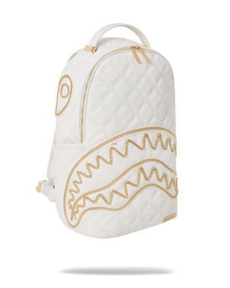 White Sprayground Riviera Le Blanc Gold Chain Shark (Dlxv) Backpacks | 98405-RWKU