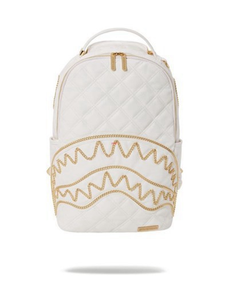 White Sprayground Riviera Le Blanc Gold Chain Shark (Dlxv) Backpacks | 98405-RWKU