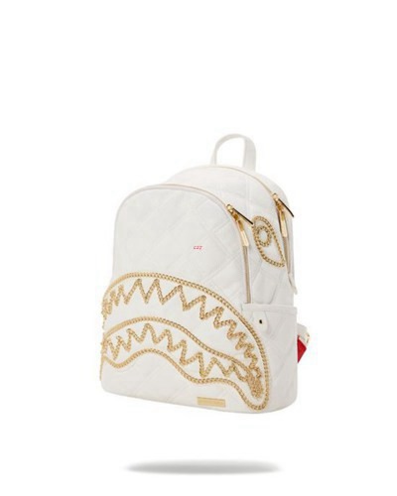 White Sprayground Riviera Le Blanc Gold Chain Shark Savage Backpacks | 01672-LIUN