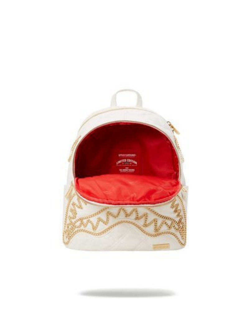 White Sprayground Riviera Le Blanc Gold Chain Shark Savage Backpacks | 01672-LIUN