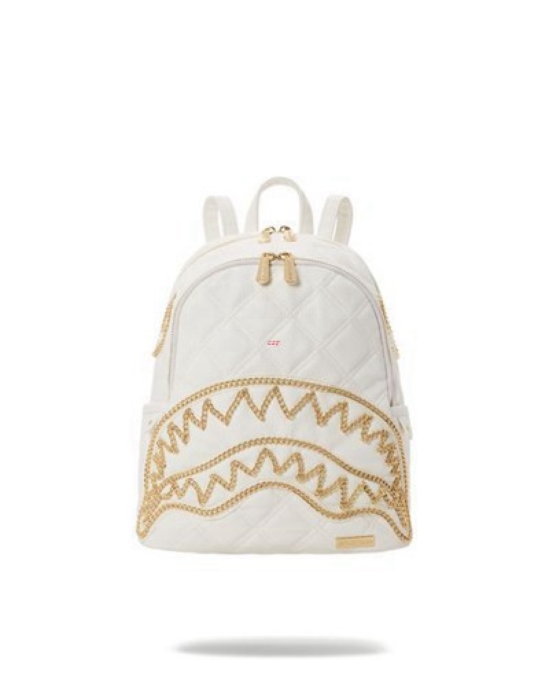 White Sprayground Riviera Le Blanc Gold Chain Shark Savage Backpacks | 01672-LIUN