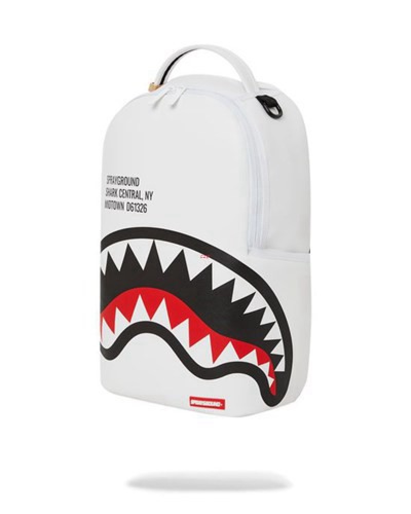 White Sprayground Shark Central (Dlxv) Backpacks | 86041-LRQK