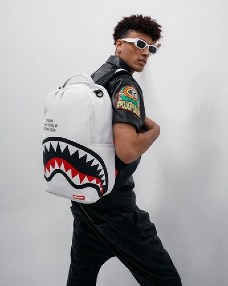 White Sprayground Shark Central (Dlxv) Backpacks | 86041-LRQK