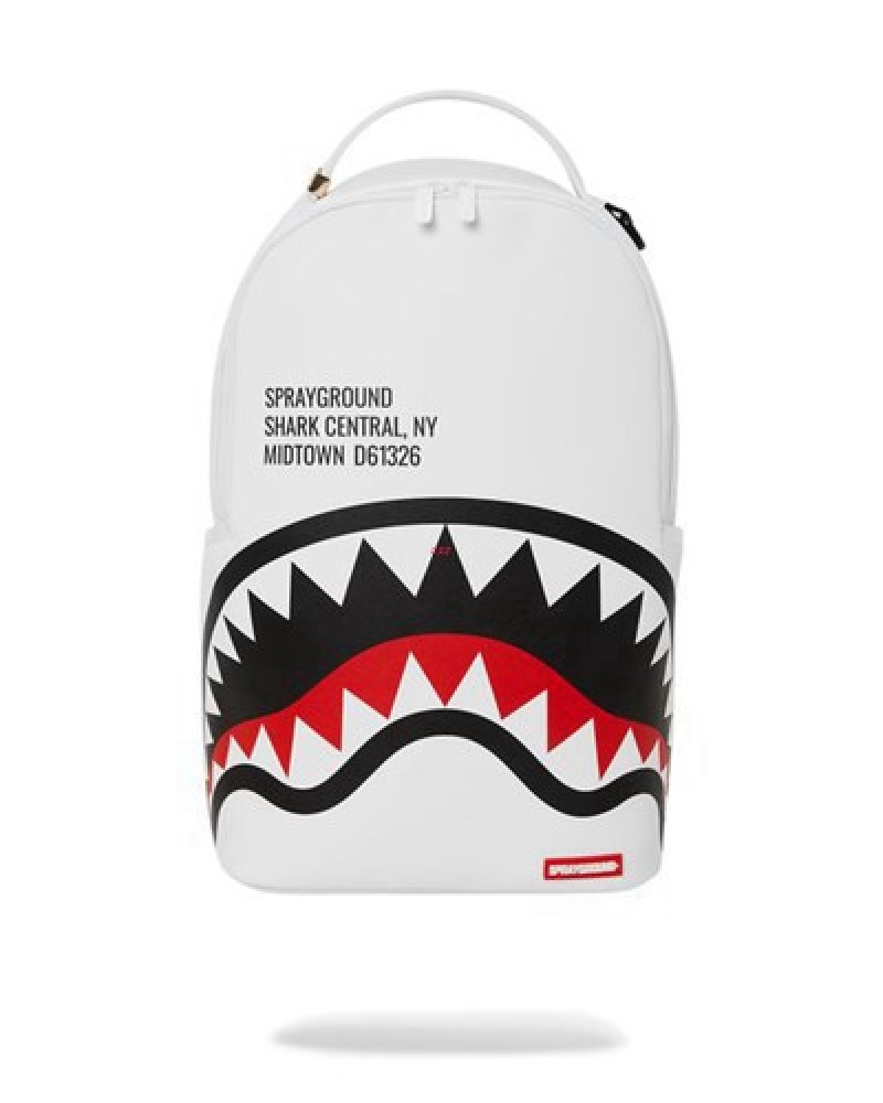 White Sprayground Shark Central (Dlxv) Backpacks | 86041-LRQK