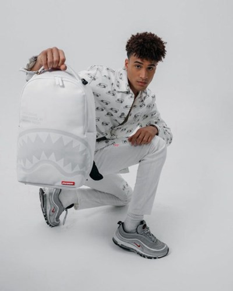 White Sprayground Shark Central (Dlxv) Backpacks | 03695-KPXN