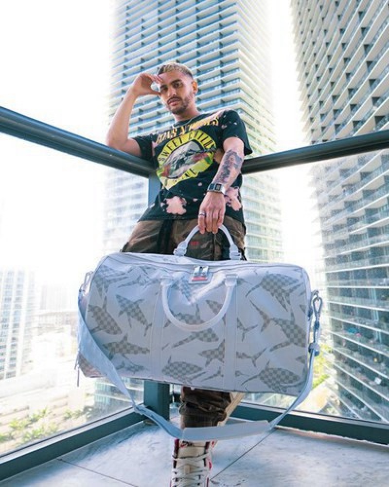 White Sprayground Shark Check Duffle Bags | 09634-OQKA