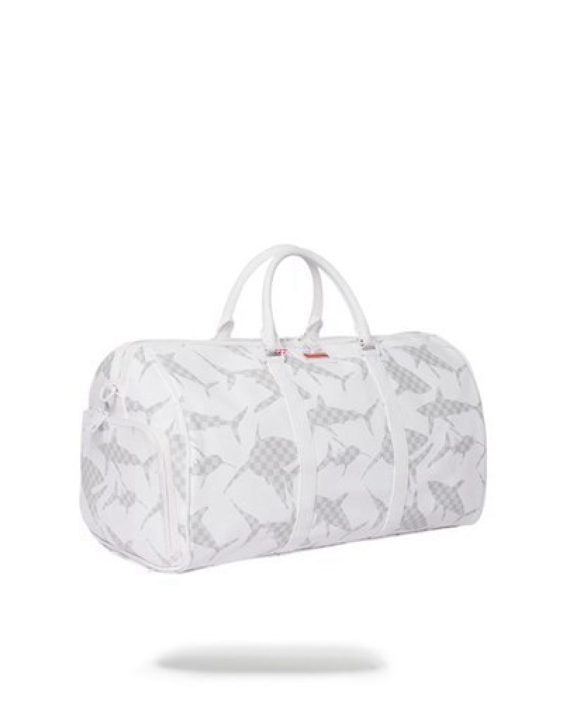 White Sprayground Shark Check Duffle Bags | 09634-OQKA