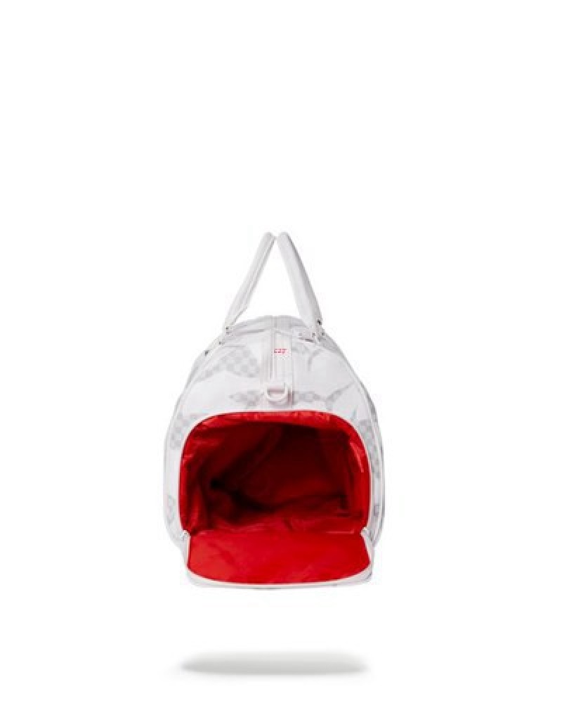 White Sprayground Shark Check Duffle Bags | 09634-OQKA