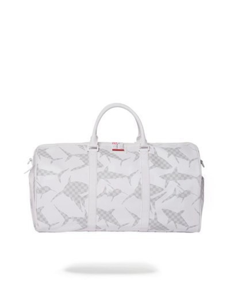 White Sprayground Shark Check Duffle Bags | 09634-OQKA