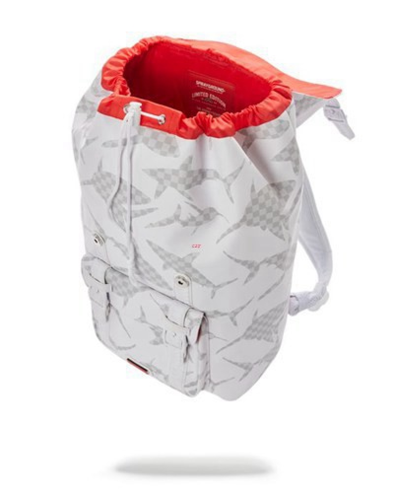 White Sprayground Shark Check Hills Backpacks | 50827-FBOJ