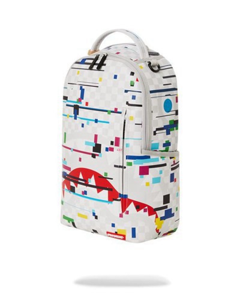 White Sprayground Sharks In Paris Glitch Rider (Dlxv) Backpacks | 08145-JKED