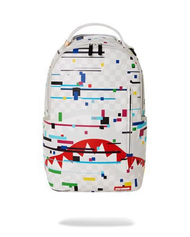 White Sprayground Sharks In Paris Glitch Rider (Dlxv) Backpacks | 08145-JKED